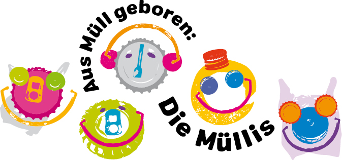 Logo Müllis - Kronkorken und anderer Müll grafisch aufbereitet und zu Gesichtern zusammengesetzt.